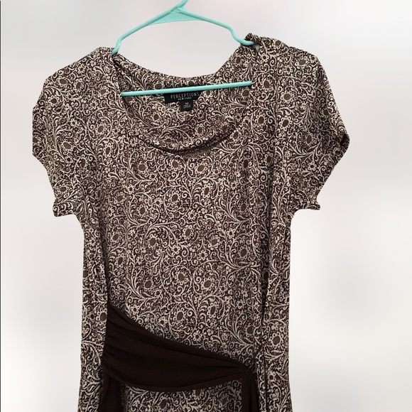 Perceptions Abstract Side Tie Belt A-Line Dress Women's 12 Brown White Stretchy - Picture 2 of 8